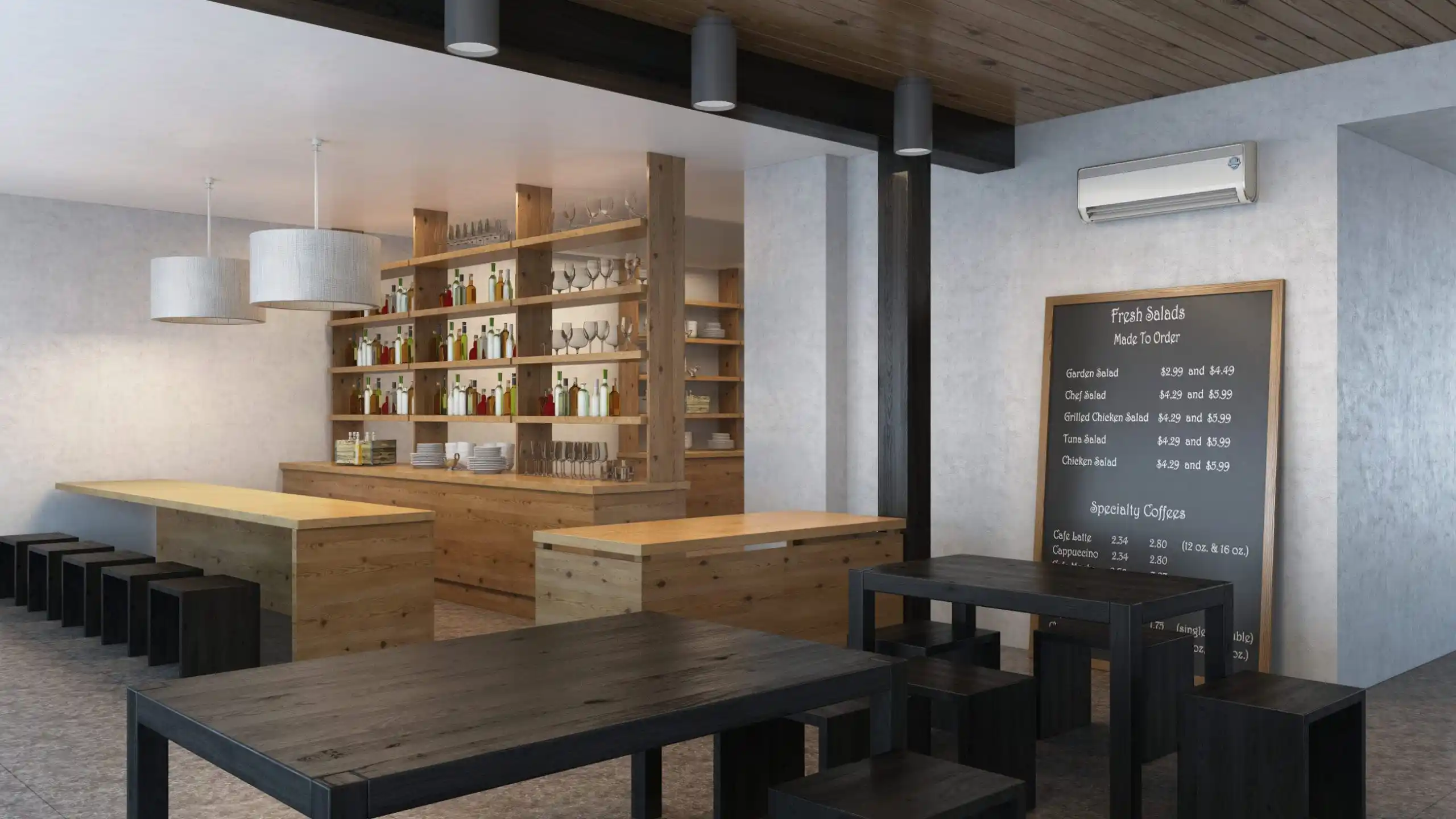 Contemporary dining space with a mounted air conditioner, demonstrating efficient AC for restaurant ambiance.