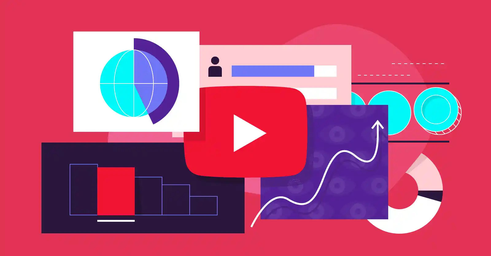 Abstract visuals of charts, graphs, and a YouTube play button, illustrating how data analytics and viewer insights influence brand marketing within YouTube culture.