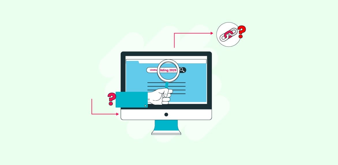 Vector graphic showing a computer screen with a magnifying glass and a broken link icon, highlighting questions around link building in 2025.