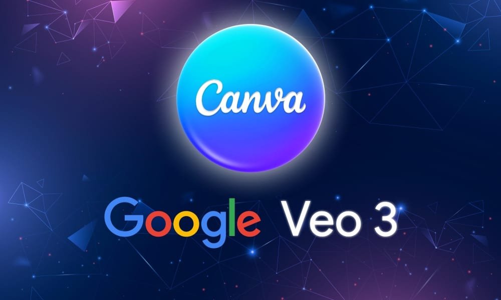 Google ’s Veo 3 in Canva represented by the official Google Veo 3 logo on a dark blue digital background, highlighting AI video capabilities.
