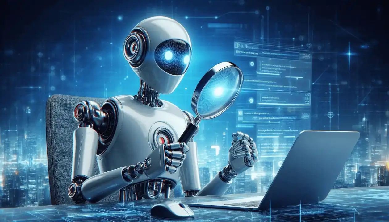 Futuristic robot analysing content on laptop, illustrating how GEO improves content visibility in AI-driven search.