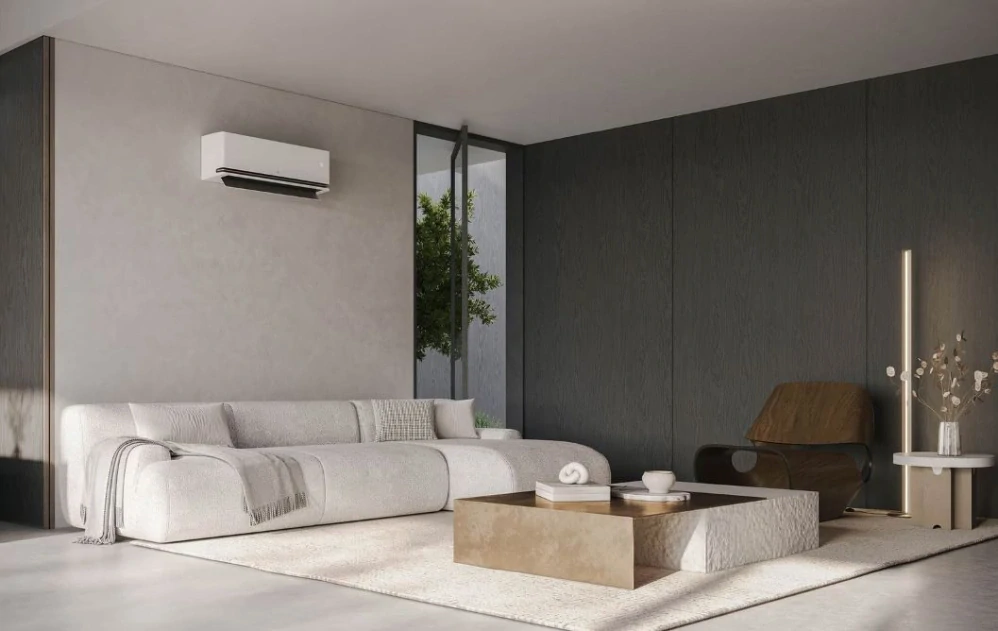 LG DualCool AI Air wall-mounted unit in a minimalist Gold Coast living room, showcasing AI Dual Inverter technology for quiet, efficient cooling with a modern LG air conditioner design.