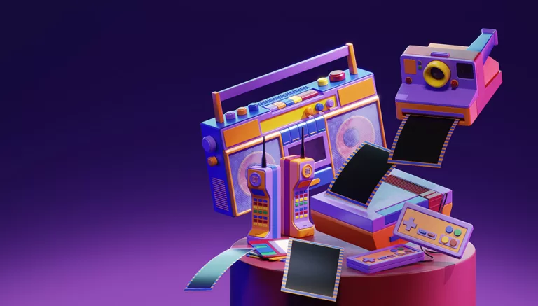 3D retro gadgets representing nostalgia marketing, including cassette players, old mobile phones, instant camera, and video game console.