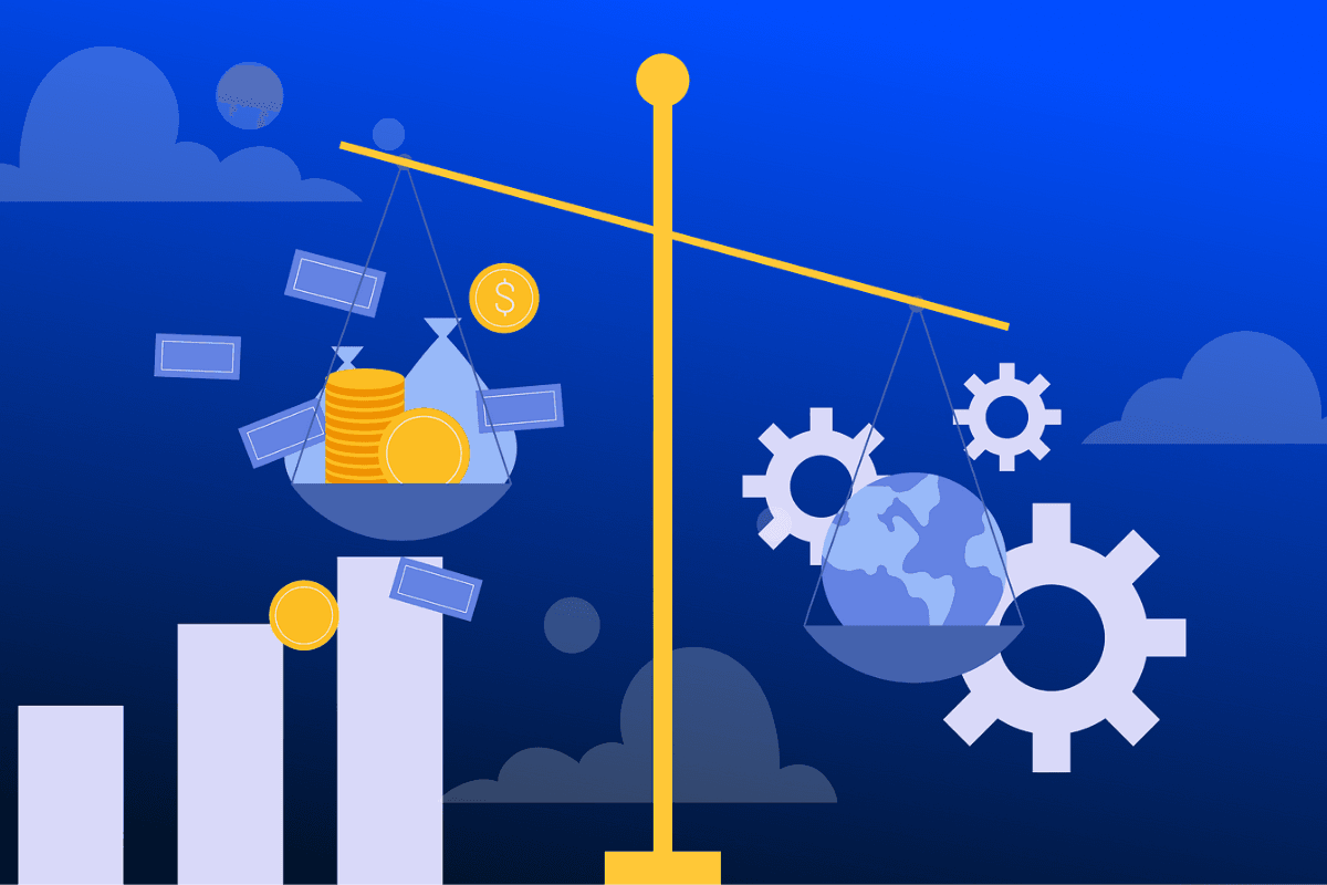 Illustration of imbalance between money and global operations symbolizing how businesses are drowning in data but starving for insights.