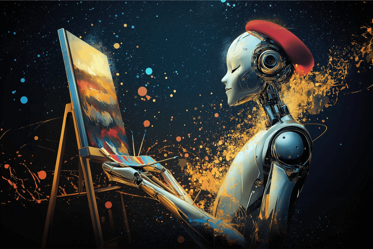 A humanoid robot wearing a red beret, gracefully painting a vibrant abstract artwork on canvas, symbolising the intersection of AI and design through creativity and art.