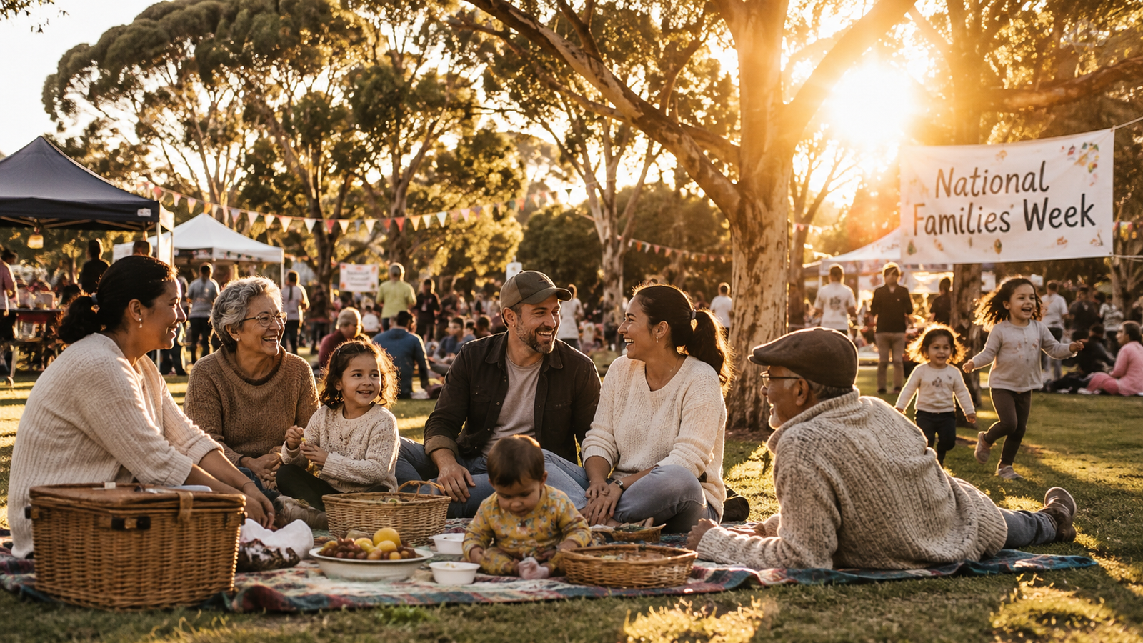 Multigenerational families enjoying a picnic during National Families Week in a sunlit Australian community park.